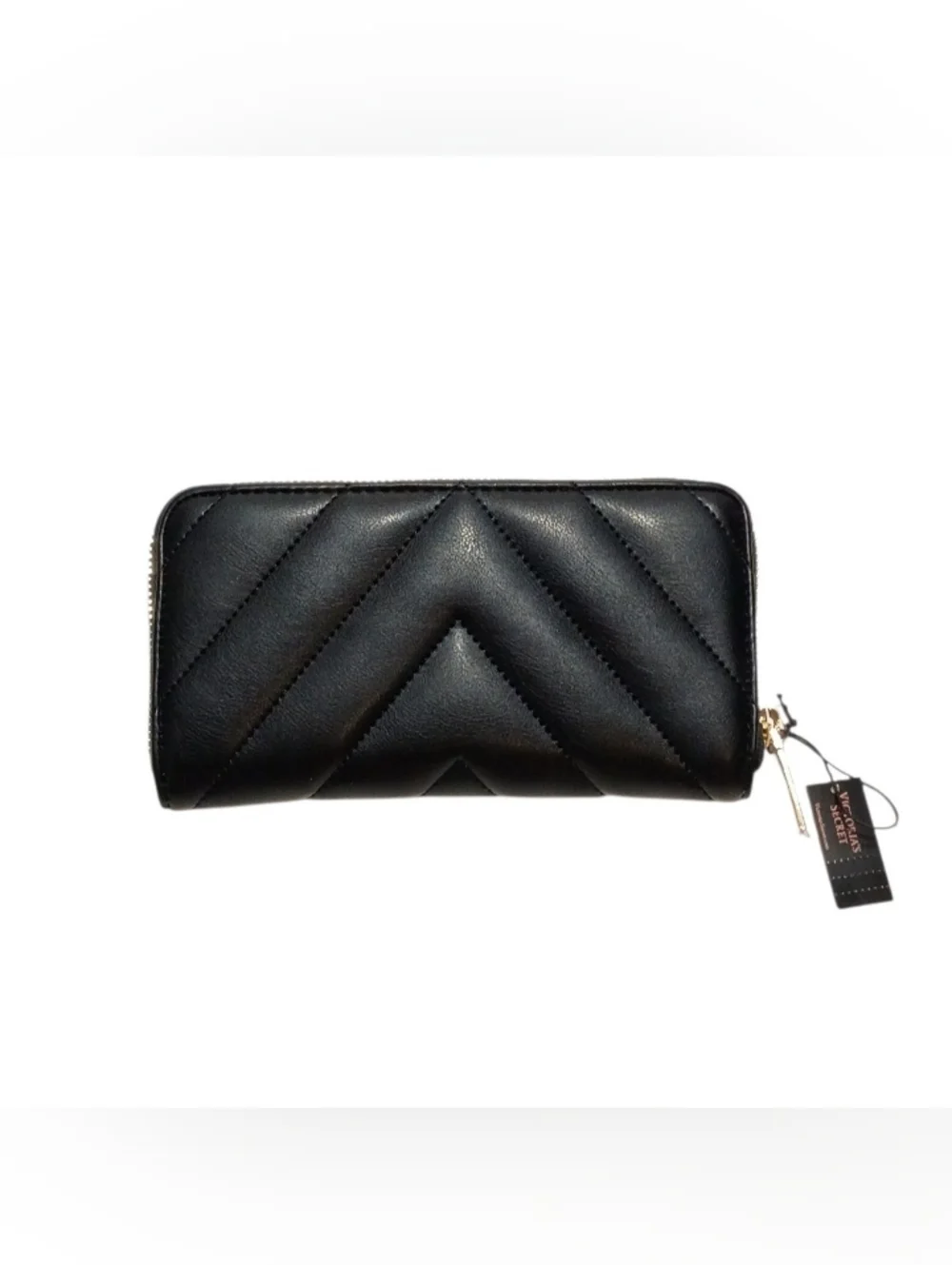 Victoria's Secret Black V-Quilt Zip Wallet Gold Tone Signature VS Hardware NEW - Picture 2 of 6